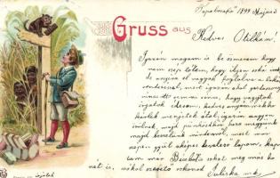 1899 Jungle traveller and aboriginals litho