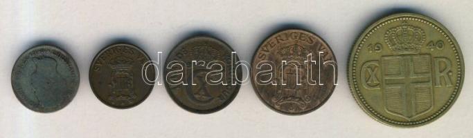 Dánia 1842. 4 Rigsbankskilling + Izland 1940. 2K + 1942. 2a + Svédország 1907. 1ö + 2ö T:2,3