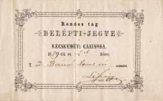 1879 Belépti jegy a kecskeméti kaszinóba