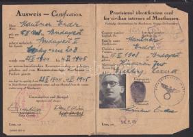 1945 Mauthauseni koncentrációs tábor - fényképes, ujjlenyomatos igazolvány internált részére / 1945 Identification card with photo and finger print  for internee of the Mauthausen concentration camp