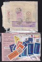 50 db külföldi postai kezelési jegy (ajánlott, légiposta stb) + 1940-43 8 db Váltóűrlap-szelvény 1934 Váltóilleték bélyegekkel