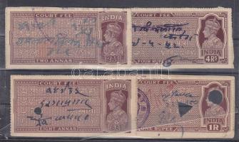 cca 1940 India 4 db törvénykezési illetékbélyeg kivágáson, lyukasztással érvénytelenítve / Court fee 4 values validated with punching