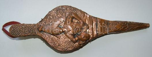 Régi fa és bőr fújtató réz berakással 38 cm