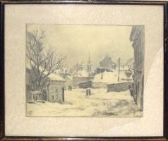 1929 Páris Erzsi (1887-?): Tabáni utcák. ceruza-papír, jelzett keretben 36x33 cm (üveg törött)