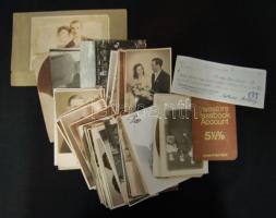 cca. 1900-1950 74 db régi, nagyrészt családi fotó és egy lejárt bankbetétkönyv csekkel