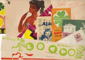 1960-as évek eleje 34 lottóval kapcsolatos nyomtatvány: reklámok, hirdetmények, plakátok