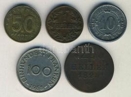 Német megszállások 1824. 4h + Német-Kelet Afrika 1908. 1h + Menden 1920. 10Pf + Saar vidék 1955. 100Fr + 1950. 50Pf T:vegyes