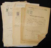 1910-1947 100 db régi irat, benne erkölcsi, községi, orvosi stb. bizonyítványok, okmánybélyegekkel