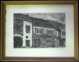 Scultéty Éva (1917-2001): Utcarészlet, rézkarc-papír, jelzett, keretben 32x42 cm