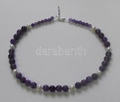 Ametiszt és tenyészett gyöngy nyaklánc ezüst (Ag) szerelékkel