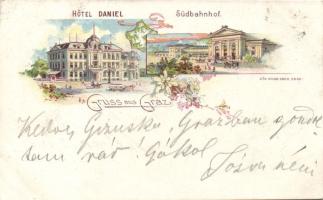 Graz Hotel Daniel and Railway Station litho