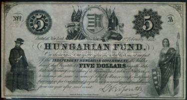 Emigrációs Kossuth-bankó 1852. 5$ "A" piros sorszámmal, papírránccal T:II apró lyuk jobb felső saroknál