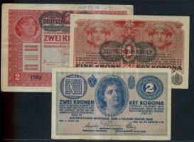 1914. 2K "C" T:III + 1916. 1K zöld vízszintes "Deutschösterreich" felülnyomással T:I + 1917. 2K zöld vízszintes "Deutschösterreich" T:III