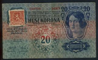 1913. 20K I. kiadás piros csehszlovák bélyeggel T:III-(kis szakadás)