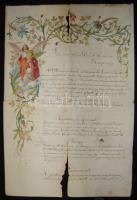 1874. jún. 25. Dunaföldvári Izrael hitközség Szt. Testvér és Temetkezési Egylet köszönet nyilvánító jegyzőkönyve Hőke Dániel mérnök számára dekoratív színes litho emléklapon (a lap sérült, hiányos)