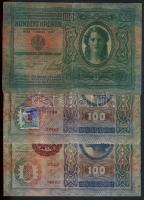 1912. 100K (3x) 2db "Magyarország" piros körbélyegzővel,harmadik 10K bélyeggel és román bélyegzéssel (hamis) T:III,IV