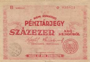 1946. 100.000AP pénztárjegy "Nagyharsány" körbélyegzővel! T:III