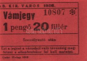 Győr 1936. 1P 20f vámjegy T:I