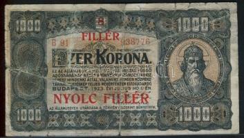 1923. 1000K "8 FILLÉR NYOLC FILLÉR" felülbélyegzéssel T:IV