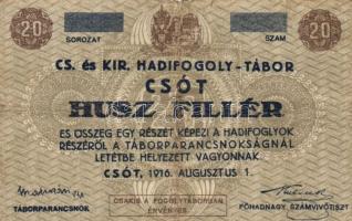 Csót/hadifogolytábor 1916. augusztus 1. 10f + 20f (2x) számozás nélkül T:III,III-