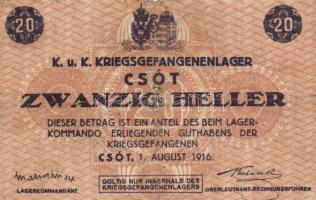 Csót/hadifogolytábor 1916. augusztus 1. 10f + 20f (2x) számozás nélkül T:III,III-