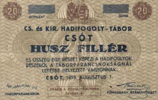 Csót/hadifogolytábor 1916. augusztus 1. 10f + 20f (2x) számozás nélkül T:III,III-