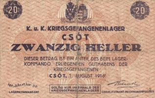 Csót/hadifogolytábor 1916. augusztus 1. 10f + 20f (2x) számozás nélkül T:III,III-