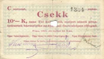 Pápa 1919. "Pápai csekk" 10K + 20K + 50K lyukasztással érvénytelenítve T:II-,III