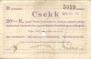 Pápa 1919. "Pápai csekk" 10K + 20K + 50K lyukasztással érvénytelenítve T:II-,III