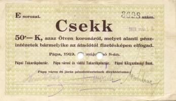 Pápa 1919. "Pápai csekk" 10K + 20K + 50K lyukasztással érvénytelenítve T:II-,III