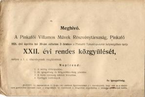 1921 A Pinkafői (Burgenland) Villamos Művek Rt. meghívója magyar-német; Reisz Frigyes Felsőőr