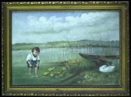 cca 1900 Mesterházy Dénes: Parti jelenet, olaj-vászon, jelzett, szép keretben 40x30 cm