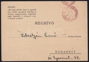1948 Meghívó a Magyar Kommunista Párt és Szociáldemokrata Párt körzeti csoportjainak egyesülési taggyűlésére, postai úton kézbesítve