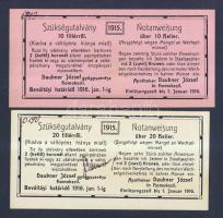 1915. 10f + 20f szükségutalványok Daubner József kezességével és "Temes Vármegye Homokszil Község 1910" hátoldali pecsételéssel! T:I