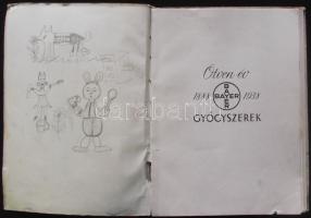 1938 Bayer gyógyszergyár 50 éves jubileumi Gyógyszerek címmel kiadott könyve, számos képpel mellékelve, sérült gerinccel