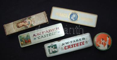 4 db régi reklámdoboz és egy dekoratív púderes doboz