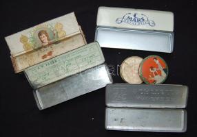 4 db régi reklámdoboz és egy dekoratív púderes doboz