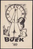 1980 Erotikus újévi linómetszet üdvözlőkártya / Erotic greeting card lino etching