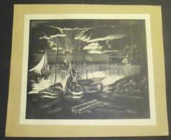 Gáborjáni Szabó Kálmán (1897-1957): Kikötő. Linó, papír, jelzett 29x34cm