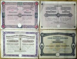 1926. Magyar Kender,-Len-és Jutaipar Részvénytársaság részvénye 40P-ről szelvényekkel + Láng L. Gépgyár Részvénytársaság részvénye 50P-ről szelvényekkel + 1929. Részvénytársaság Villamos és Közlekedési Vállalatok Számára részvény 100P-ről szelvényekkel + 1931. A Kőbányai Takarékpénztár Részvény-Társaság részvénye 400P-ről szelvényekkel