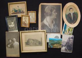 5 db nyomat, festmény, rajz keretben, 1 db vízfestmény, fotók, képeslapok