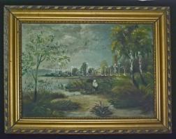 "Páli 936" jelzéssel: Tópart gólyával olaj-vászon, keretben 30x40 cm (kis lyuk a vásznon)