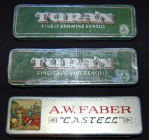 cca 1930 3 db régi fém ceruza-tok sok régi töltőtollal, közte aranyhegyűek / Large lot of old fountain pens