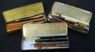 cca 1930 3 db régi fém ceruza-tok sok régi töltőtollal, közte aranyhegyűek / Large lot of old founta...