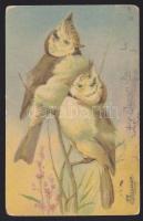 2 db régi, művészi Madár motívumlap, az egyik litho