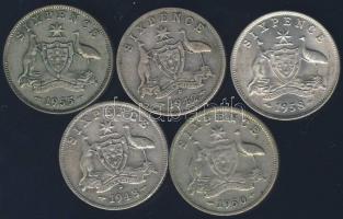 Ausztrália 1942-1958. Sixpence Ag (5x) klf évszámokkal! T:2-,3