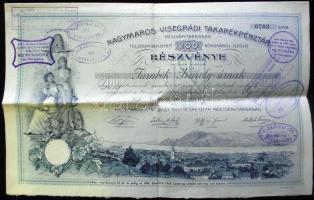 1906 A Nagymaros-Visegrádi Takarékpénztár Rt. részvénye 200K-ról szelvényekkel, felülbélyegzésekkel T:II-