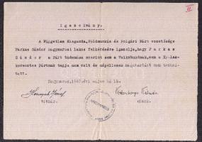 1945 Kittenberger Kálmán vadász és Afrika-kutató aláírása háborús igazoláson, a Kisgazdapárt nagymarosi elnökeként