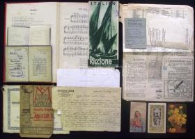 cca 1900 kis vegyes nyomtatvány tétel. litho címlapos kotta, régi fotóalbum, öröknaptár, jegyek, röplapok