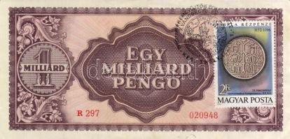 1946 1.000.000.000P numizmatikai vonatkozású ráragasztott postabélyeggel és alkalmi bélyegzővel + éremgyűjtő közgyűlési bélyegzővel T:II